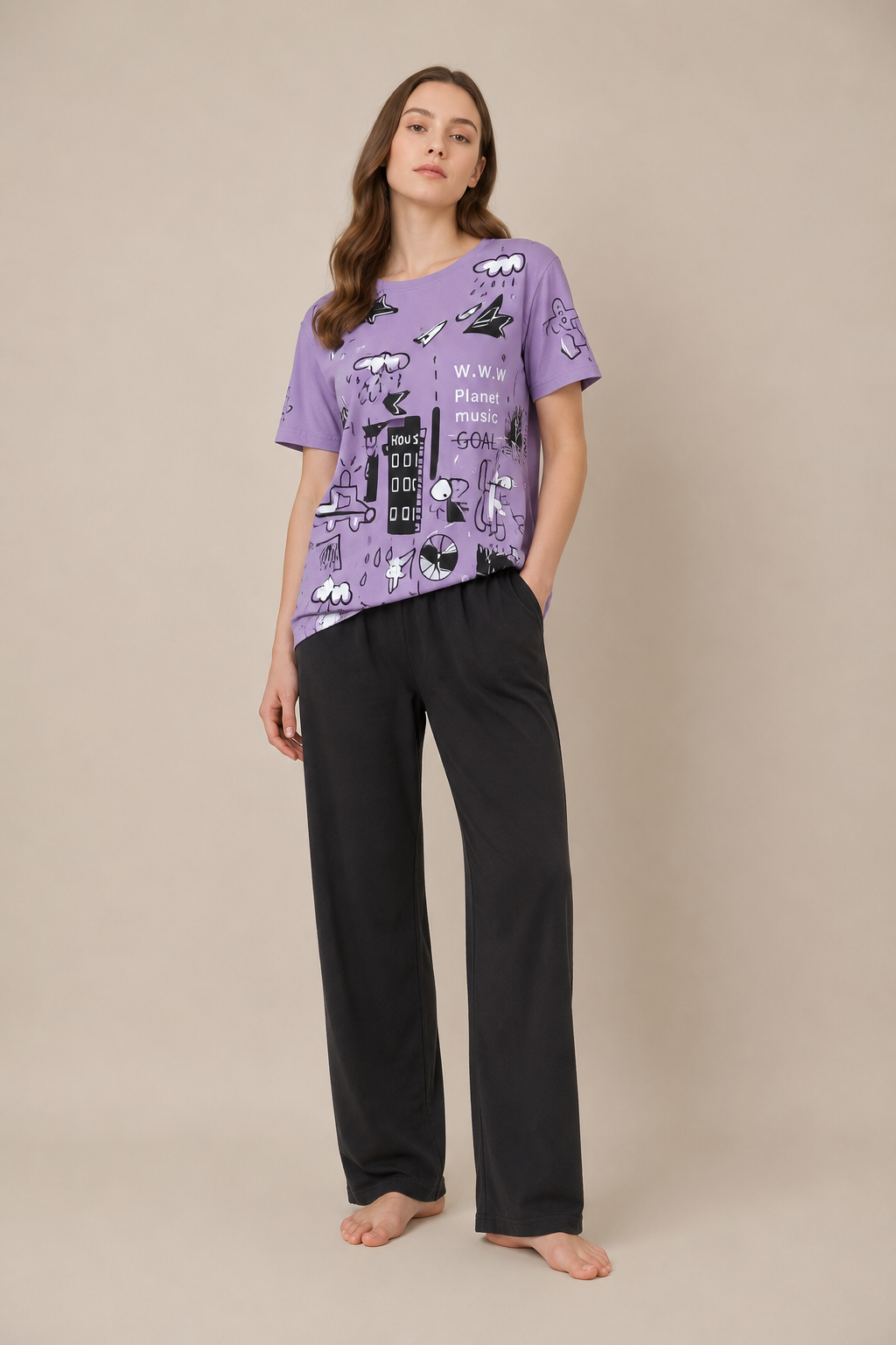 Women's Lavender Print Night Suit – Soft T-Shirt & Black Pajama Set